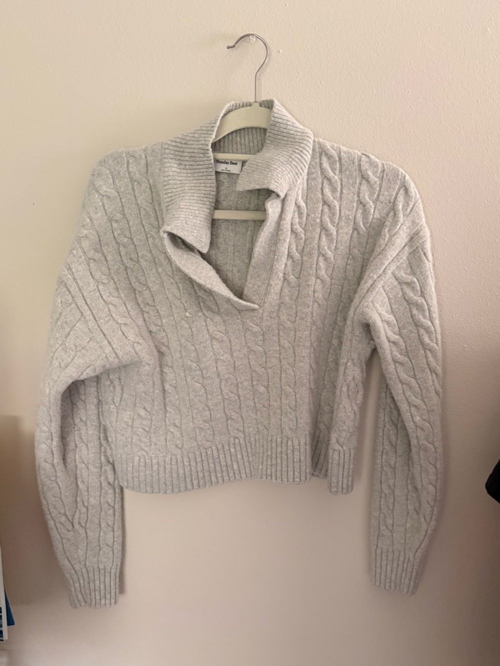 Cozy Cropped Cable-Knit Shawl Collar Sweater - Light Gray